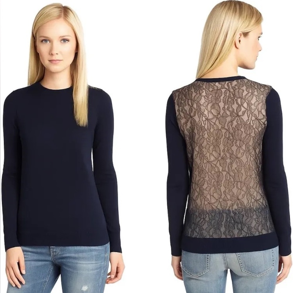 Equipment Pearl Navy Blue Sweater with Silk Lined Lace Back